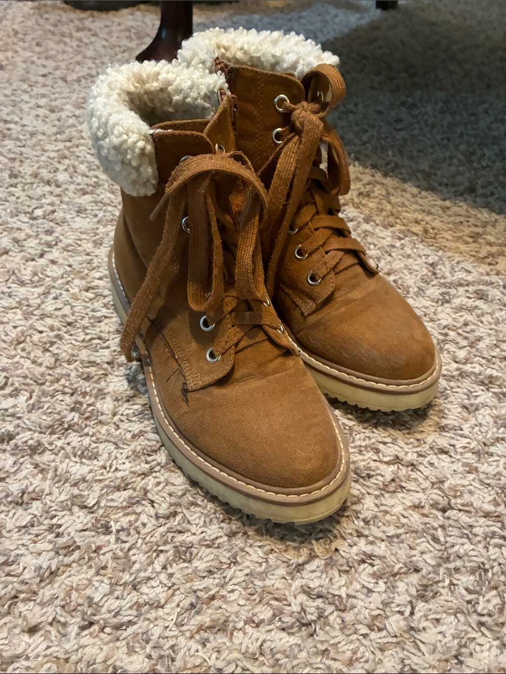 Madden Girl Tan Lace-Up Boots with Cream Sherpa Collar